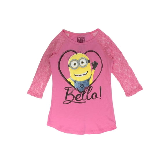 Despicable Me Girls Pink Minion Bello Lace Quarter Sleeve T-Shirt Top L (14)