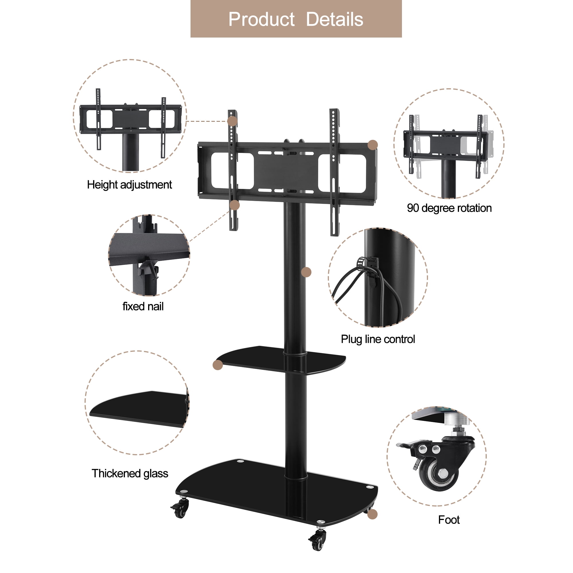 Height and Angle Adjustable Multi-Function Tempered Glass Metal Frame Floor With Lockable Wheels Mobile TV Stand, LCD/Plasma TV bracket 2 Tier Tempered Glass Shelves For Multiple Media Devices