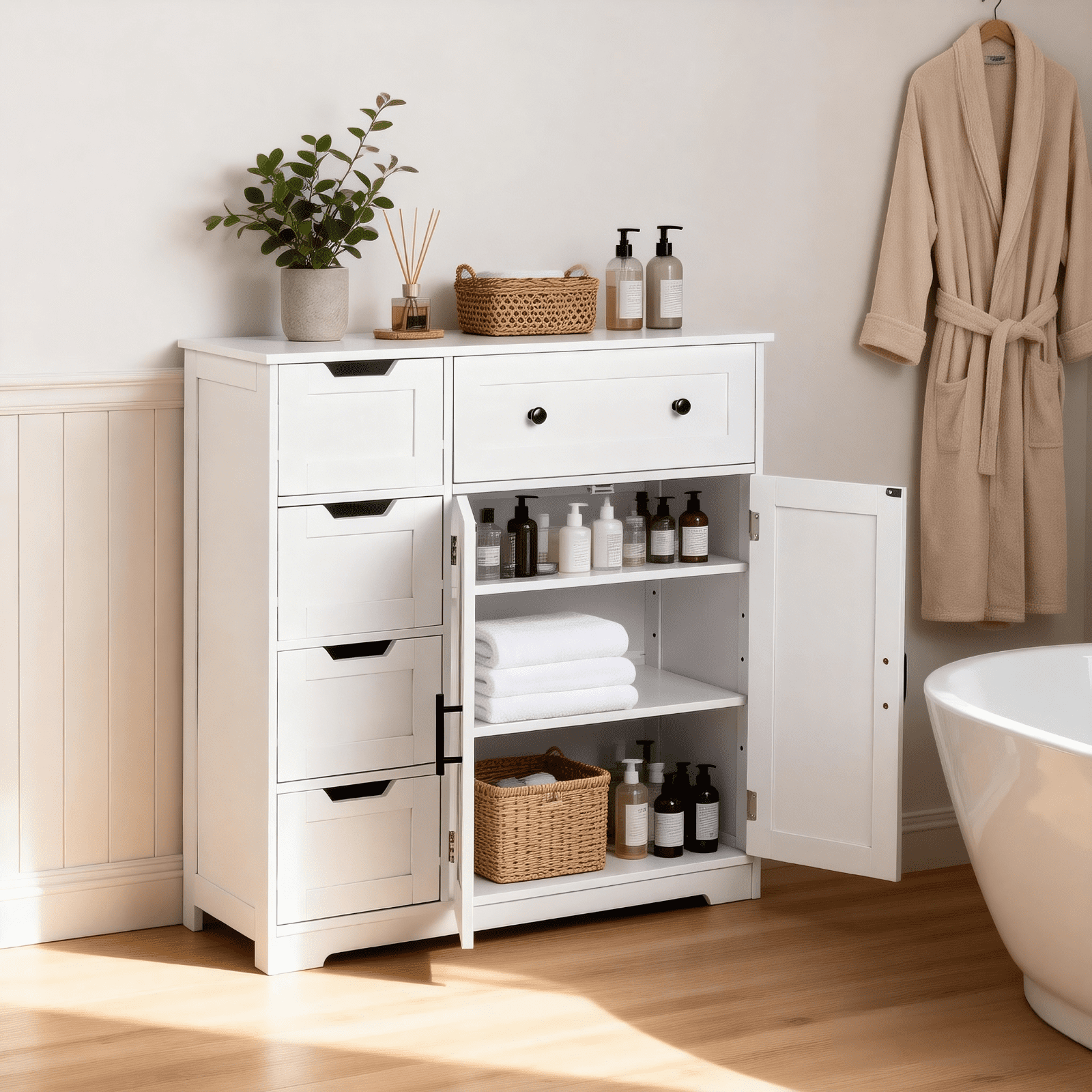 Ktaxon Wooden Bathroom Floor Cabinet with 5 Drawers & 1 Cupboard, for Living Room Entryway, White
