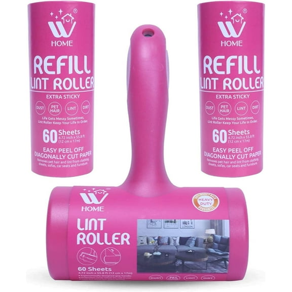 WBM Home Lint Roller with 2 Refill Lint Remover, Hair & Dust Removal for Couch, Furniture, Cloths-60 Sheets/Each, 180 Sheets Total