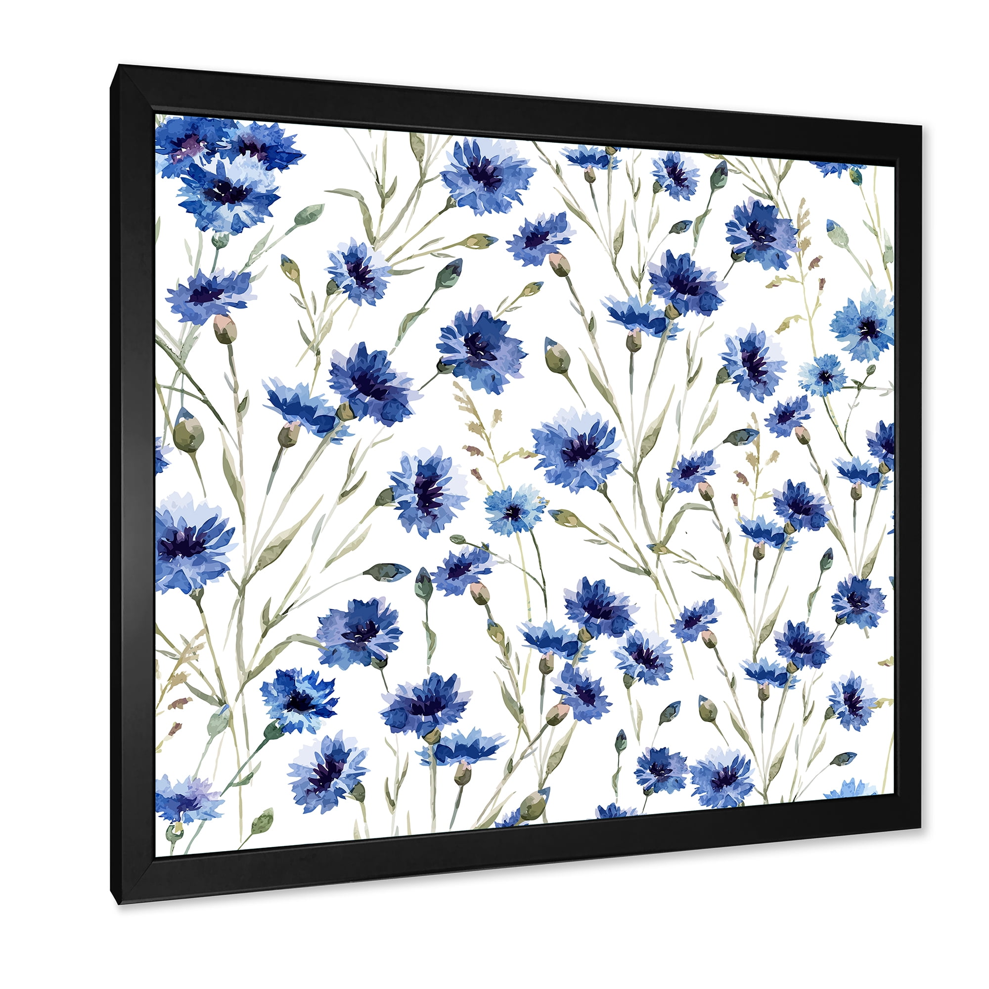 Designart 'Blue Wildflowers With Green Leaves On White' Traditional Framed Art Print