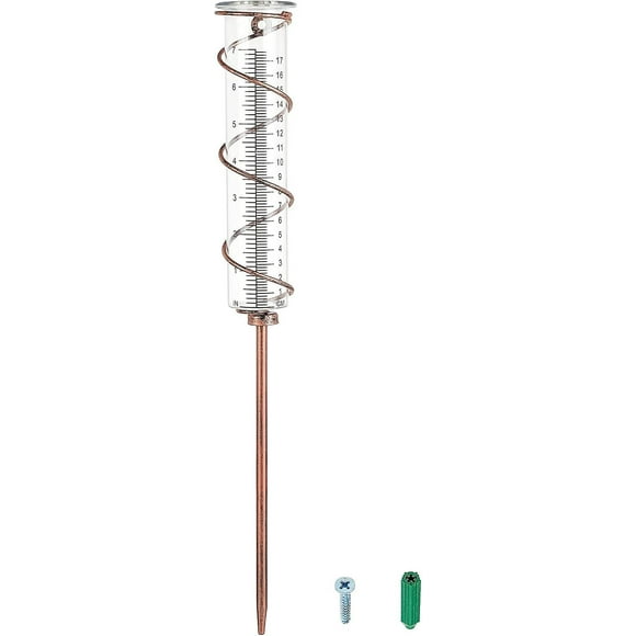 17cm Capacity Glass Spiral Rain Gauge Garden Rain Gauge with Metal Frame Rain Measuring Tube with Bronze Iron Outer Tube Glass Rain Gauge Decoion for