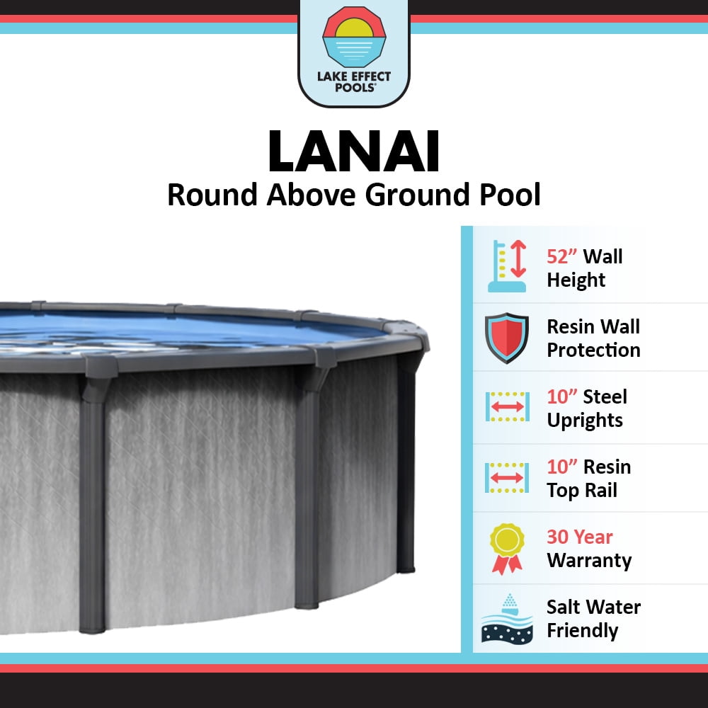 Lake Effect 24' x 52" Lanai Round Brushed Steel Above Ground Swimming Pool