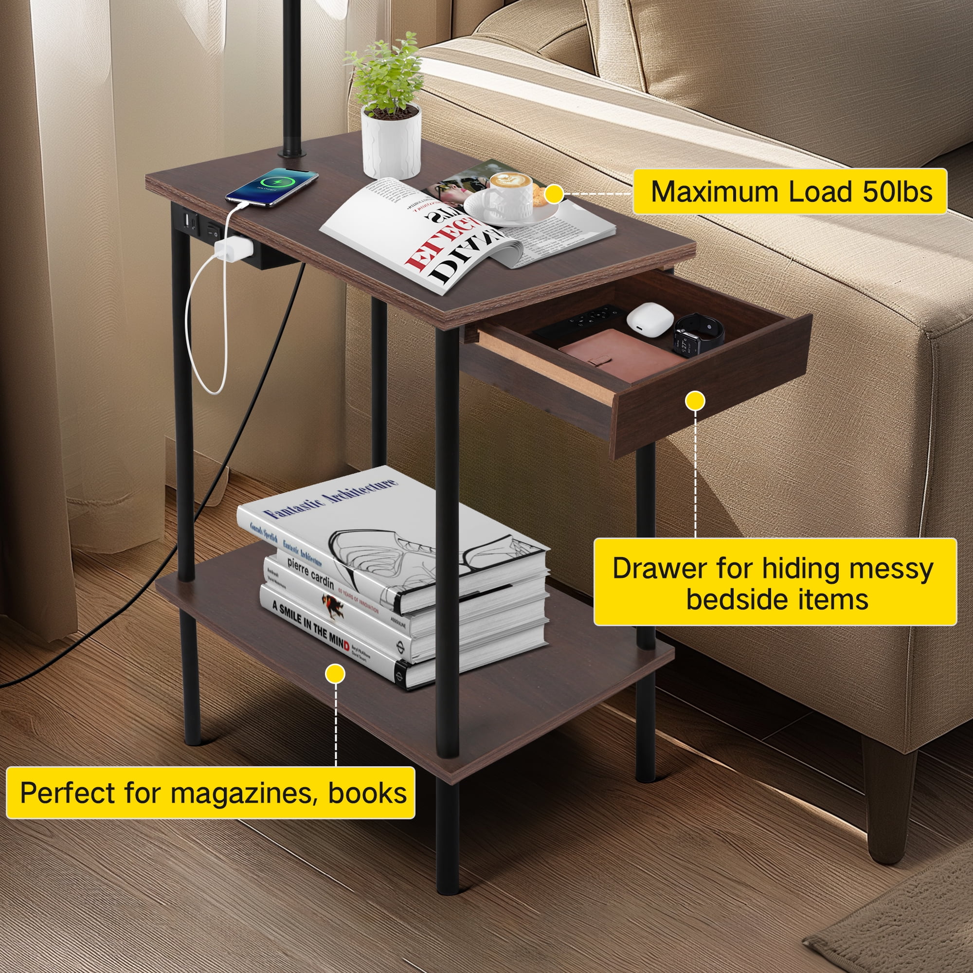 OUTON Floor Lamp with Table, End Table with Lamp for Living Room with USB & Type C Charging Port, Dimmable Lamps for Nightstand Attached for Bedroom, Walnut