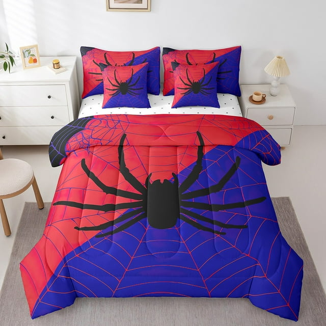 Ensemble de Couette Taille Simple à Toiles d'Araignée d'Halloween avec Draps, Toiles d'Araignée Rouges et Bleues - Ensemble 7 Pcs Tout-en-un Simple, Literie Gothique à Toiles d'Araignée avec Couette, Drap Plat, Taies d'Oreiller et Couvre-Oreillers