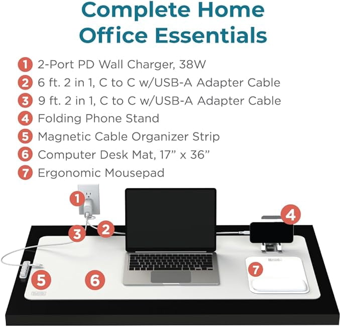 BLACK+DECKER Home Office Kit, 7 PCS Set, Desk Pad, 2-Port PD Charger, Ergonomic Mouse Pad, Phone Stand, Combo Cables, Cable Organizer, Workspace Accessories Perfect for Work-from-Home (White)