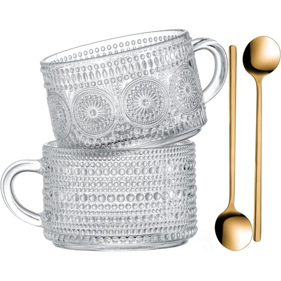 Vintage Glass Coffee Mugs 14 Oz Set of 2 Clear Embossed Tea Cups, Glass Coffee Cups for Cappuccino, Latte, Cereal, Yogurt, Beverage Christmas Thanksgiving Gifts