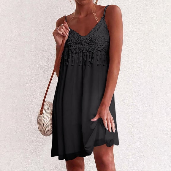 ZHOGXU Women's Dress Sleeveless Suspender V Neck Solid Color Lace Trim Fashion Comfortable Mini Dresses For Casual Daily Wear,Black,L