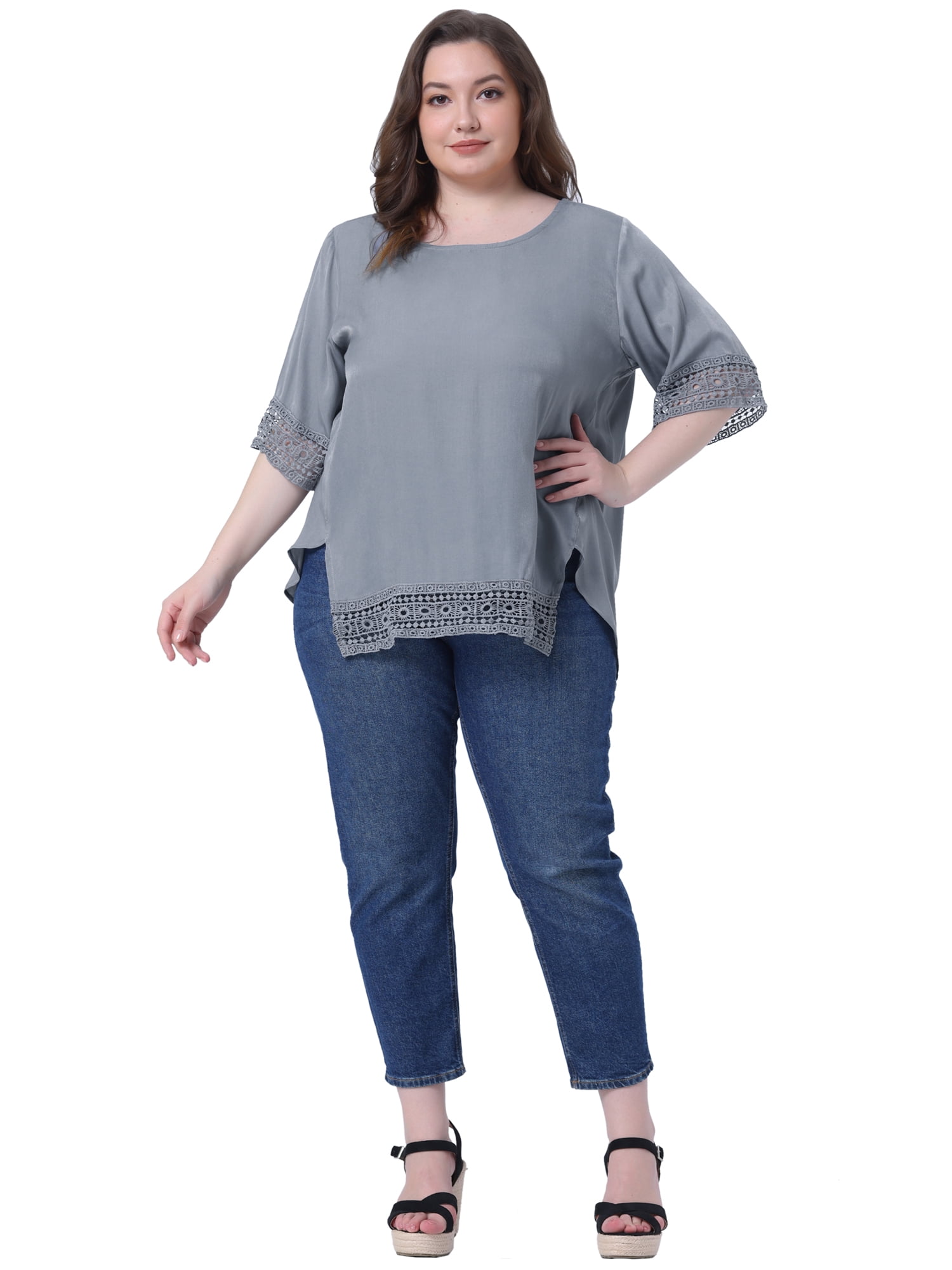 Women's Plus Summer Tops Lace Crochet Short Sleeve Casual Blouses 1X Light Gray