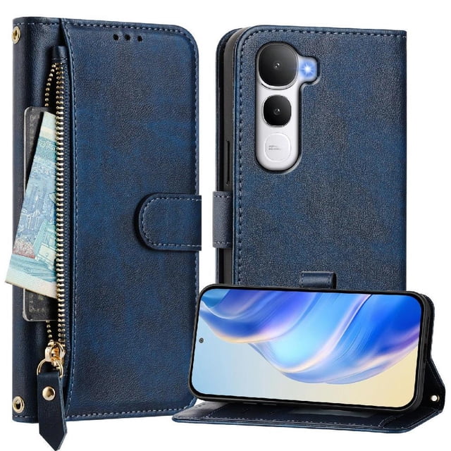 FOXDOCK Funda Tipo Cartera para Xiaomi Redmi A3 Pro Cuero PU con Cremallera y Correa de Muñeca, Ranuras para Tarjetas, Soporte Plegable, Cierre Magnético