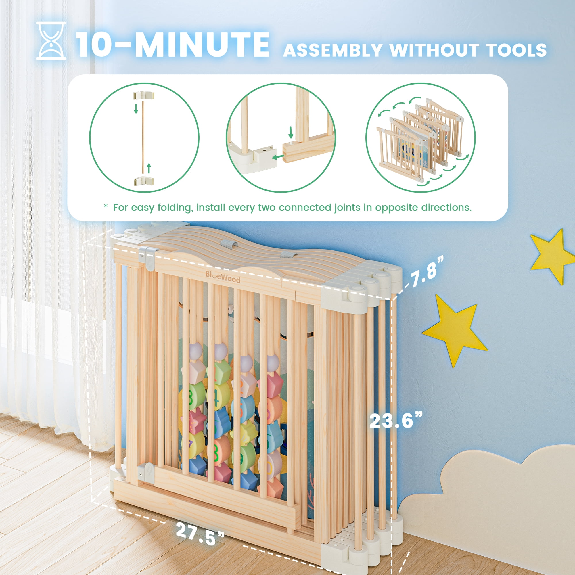 WoodTooy 8-Panel Solid Pine Wood Kids Safety Play Fence Set , Easy Assembly for Indoor Play Areas