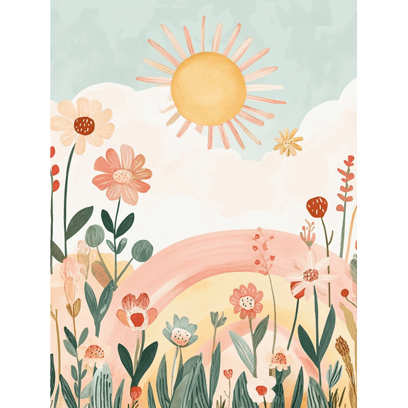 Bohemian Floral Rainbow Canvas Art Print, Suitable for Living Room, Bedroom, Bathroom, Office, and Hallway Decoration.