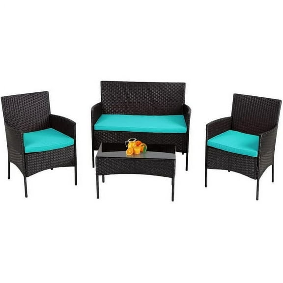 FDW Furniture 4 Piece Wicker Outdoor Bistro Sets Coffee Table Sofa, Blue