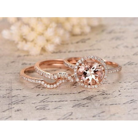 Round Diamond Wedding Set Ring - 2.50 Carat Round Cut Morganite and Diamond Halo Trio Wedding Ring Set in Rose Gold