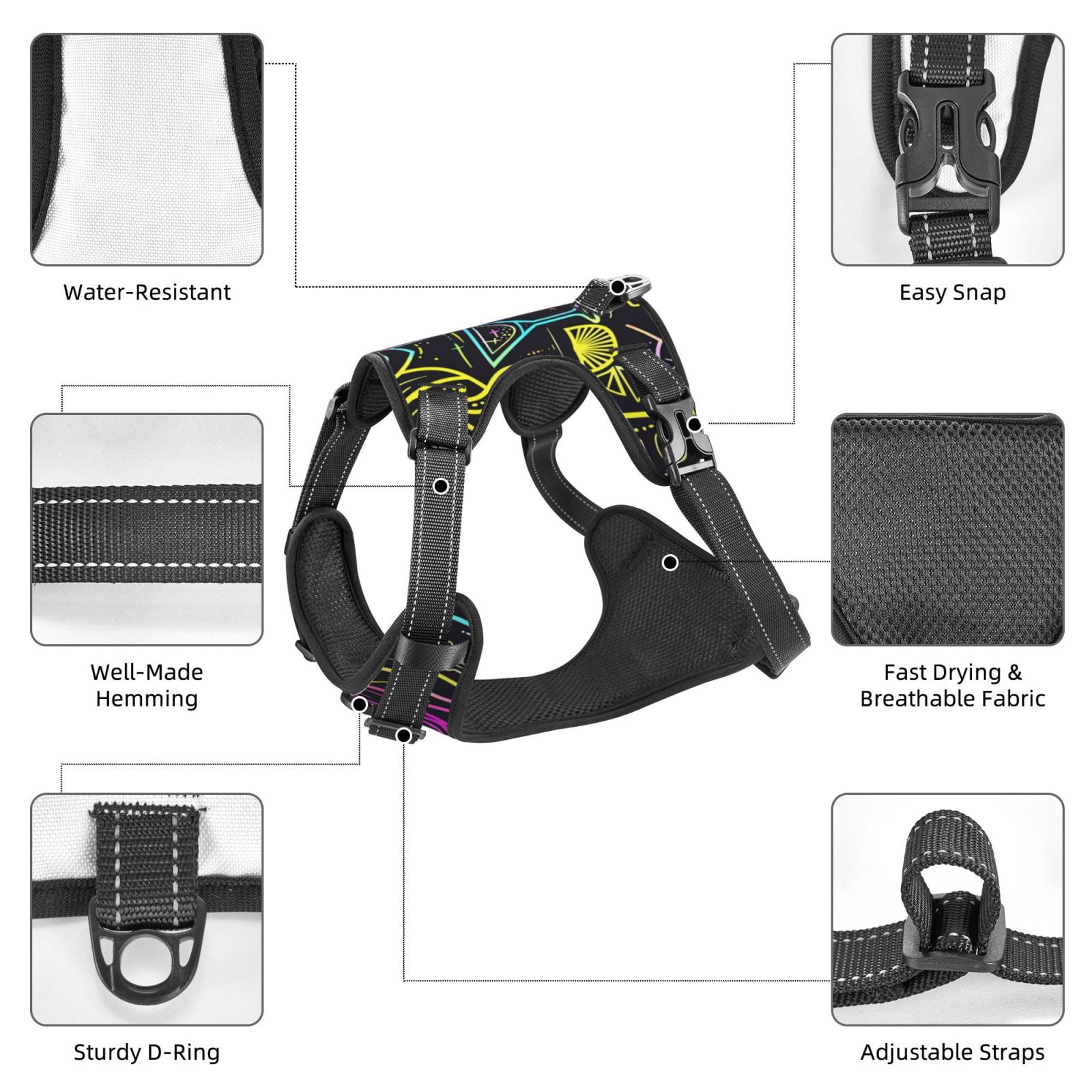 Fuzoiu Neon Bar Drinks Print Reflective Dog Harness,Adjustable, Breathable Pet Vest,Dog Harness No Pull,No Choke Pet Vest for Small, Medium, and Large Dogs-Medium