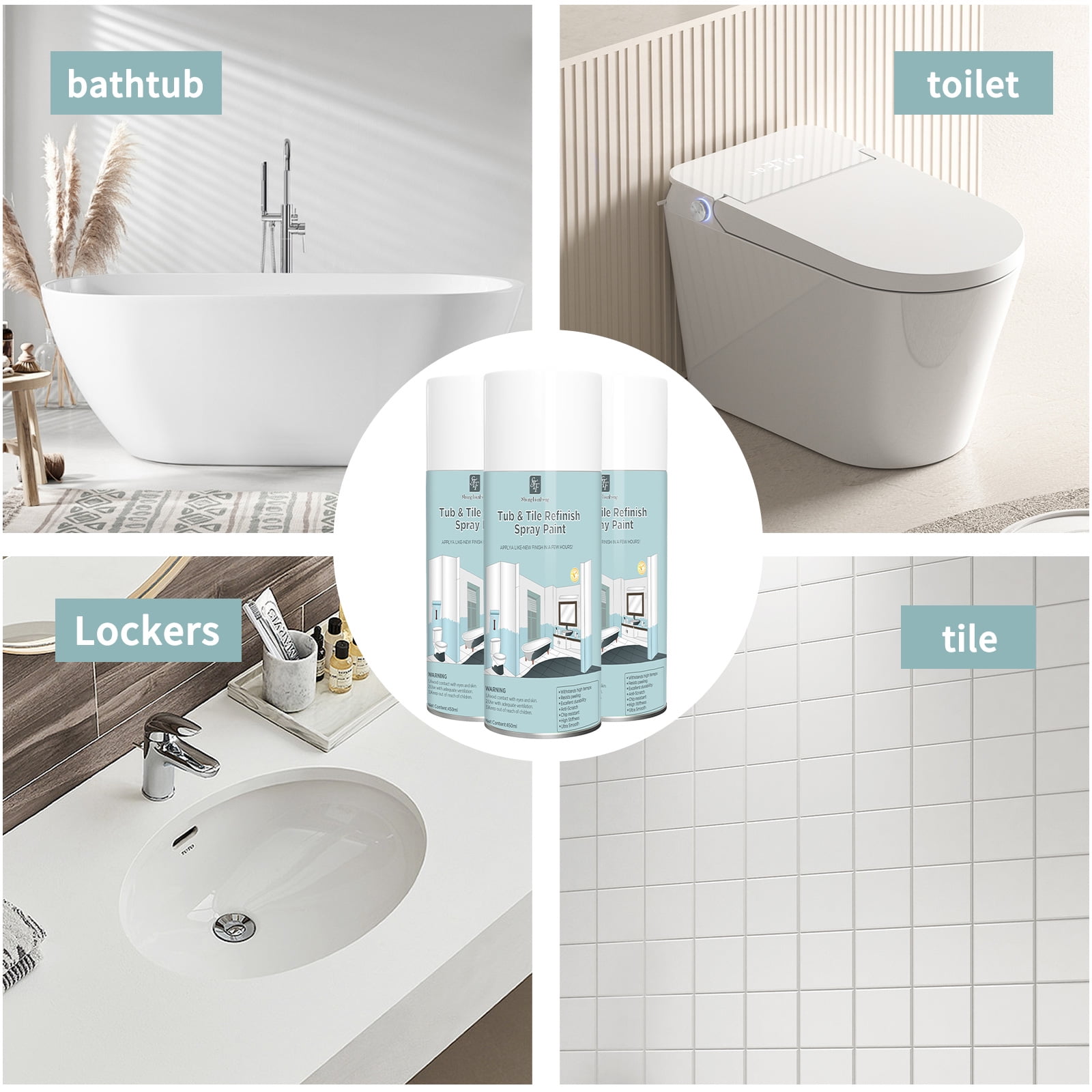 4PCS Tub and Tile Spray Paint - Bathtub Refinishing Paint with Porcelain-Like Finish, Water-Based Low Odor Tub Paint for Bathtubs, Countertops, Tiles & Ceramics,Black-16oz
