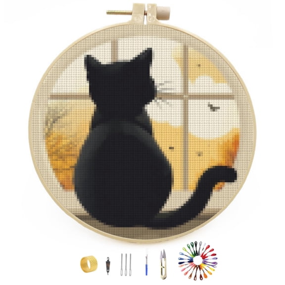 DIY Stamped Cross Stitch Kits Cartoon Window Cat Back Easy for Beginners with Hoop 11CT Counted Embroidery Needlepoint Crafts Arts for Handmade Enthusiasts and Home Decor 30x30cm(2)