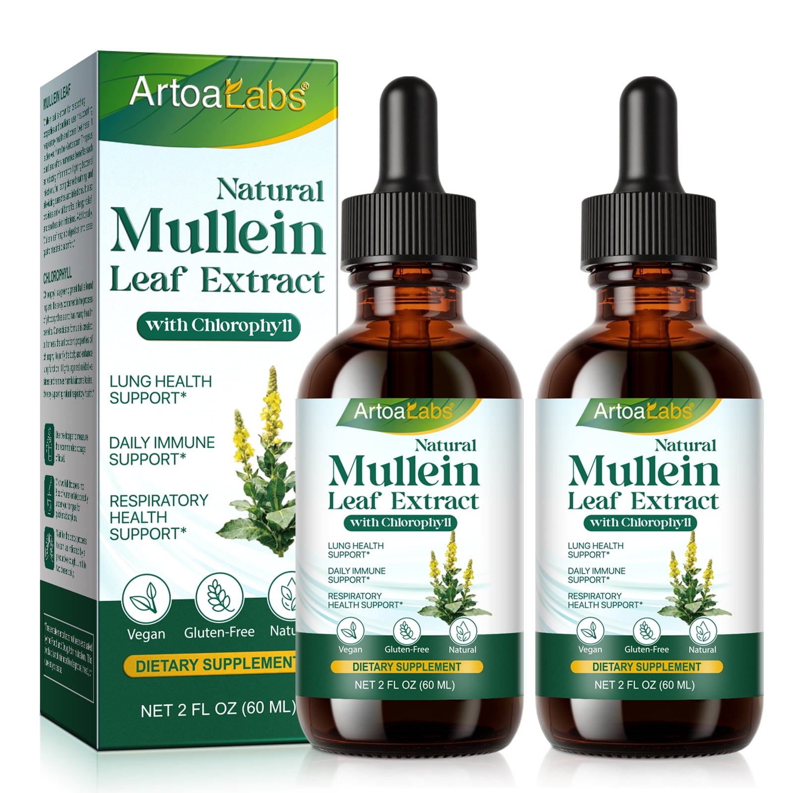 Mullein Leaf Liquid Drops with Chlorophyll - 2800mg Mullein Leaf per Serving - Respiratory & Lung Health Support, Gluten-Free, 2 Bottles