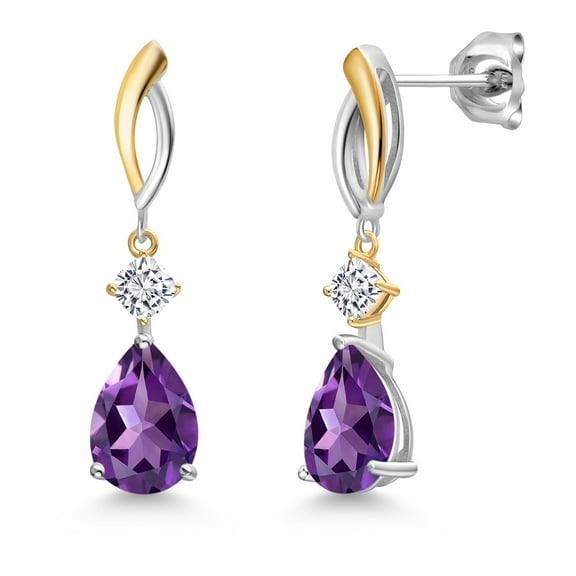 Gem Stone King 925 Silver and 10K Yellow Gold Purple Amethyst and White Moissanite Earrings for Women | 3.88 Cttw | Gemstone February Birthstone | Pear Shape 10X7MM