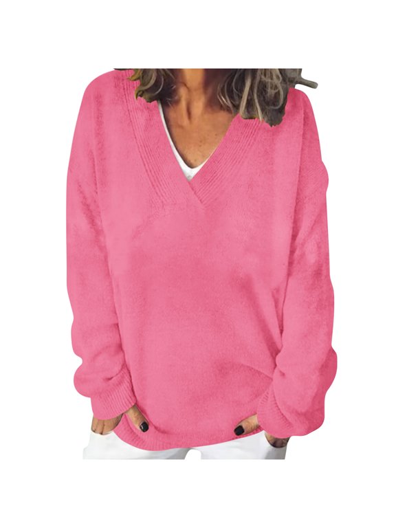 Women's Plus Size Long Sleeve Tops V-Neck Solid Color Casual Loose Blouses Fashion Comfy Basic Shirt
