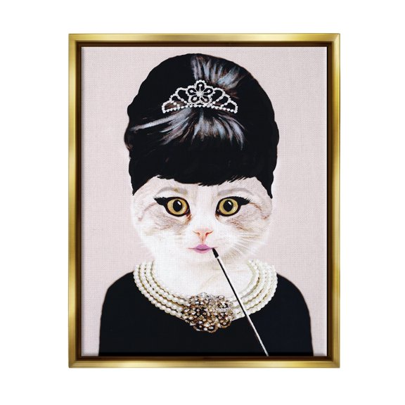 Stupell Industries Fashion Feline Jewelry And Makeup Cat Metallic Gold Framed Floating Canvas Wall Art, 24x30, by Coco de Paris