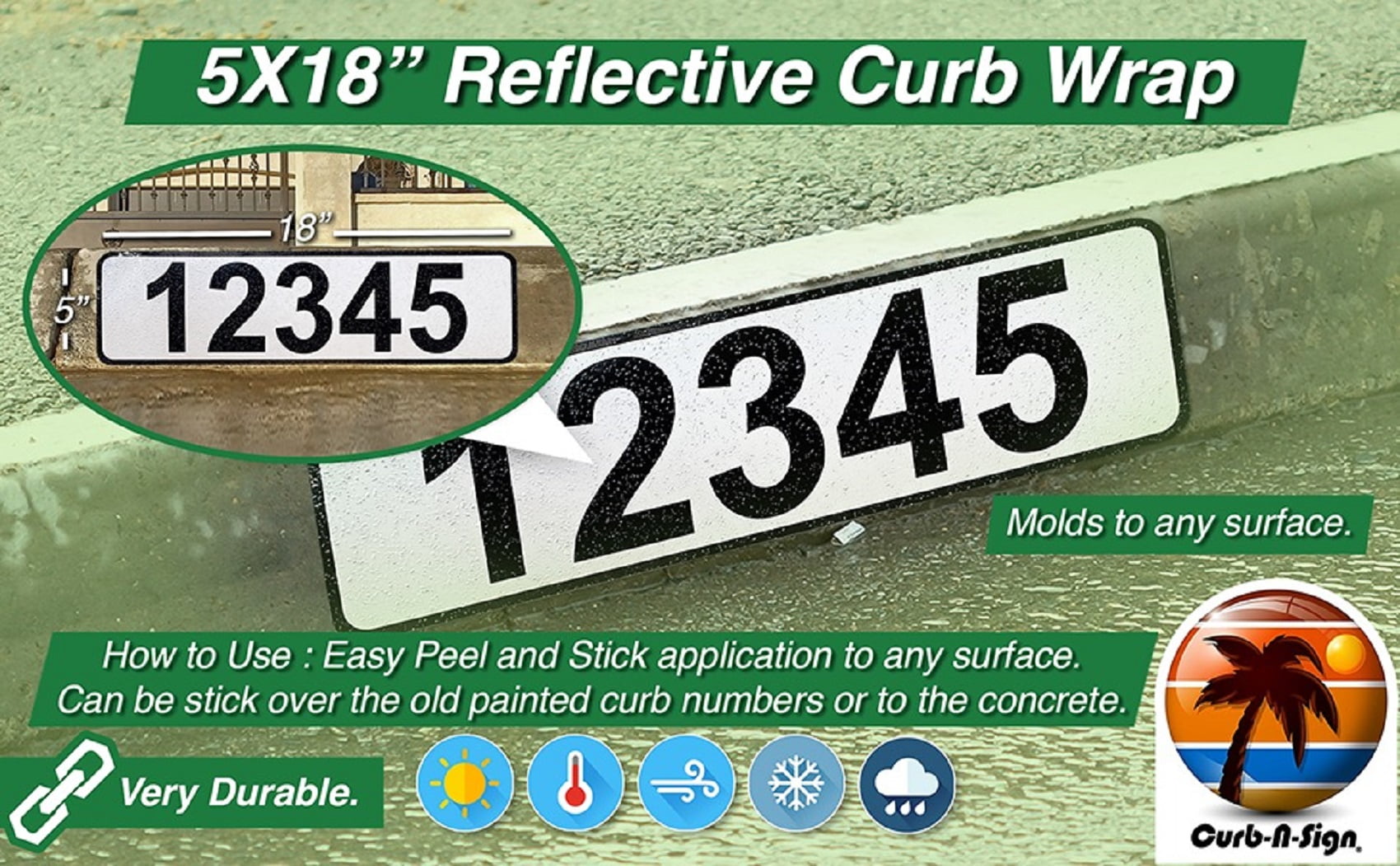 Curb-N-Sign Customized Assorted Colors Curb Sticker, 12 Month Warranty, Reflective Aluminum Curb Address Decal (White)
