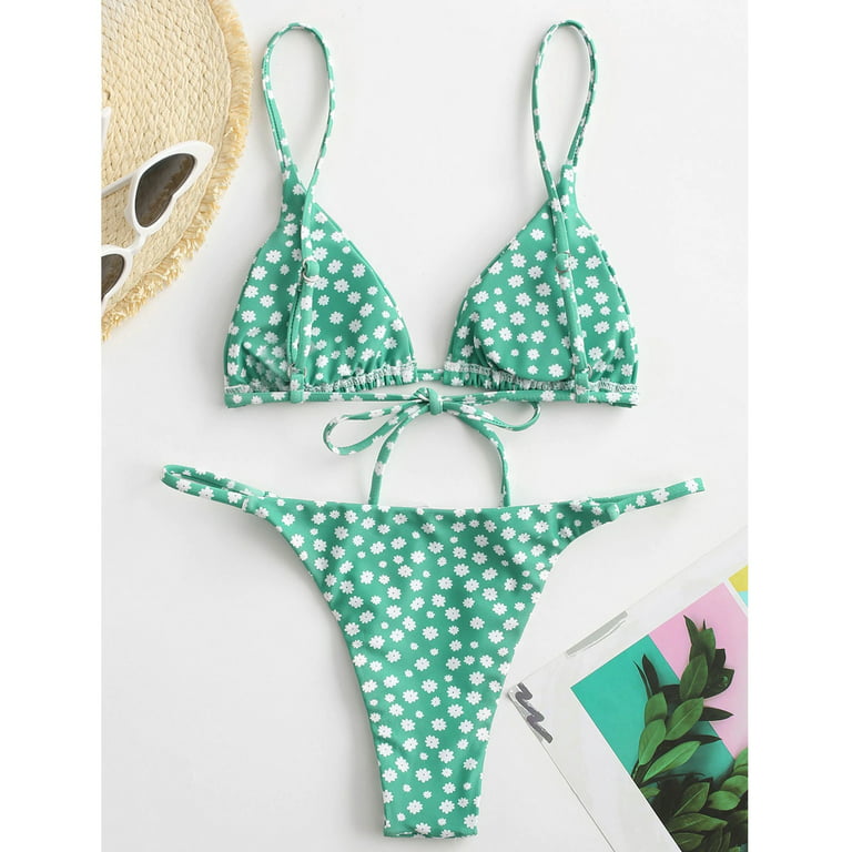 Finelylove Swimsuit Women Bikini Push-Up Bandeau Bra Style Bikini Green S