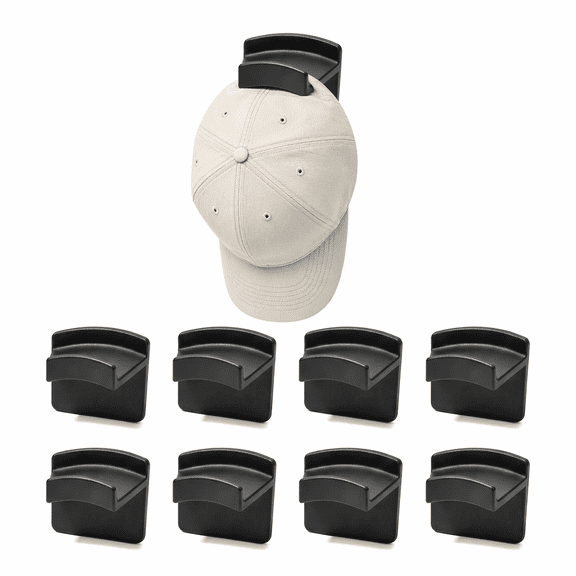 8 pack Black Punch-Free Adhesive Hat Hooks, minimalist wall mount adhesive hangers for hats