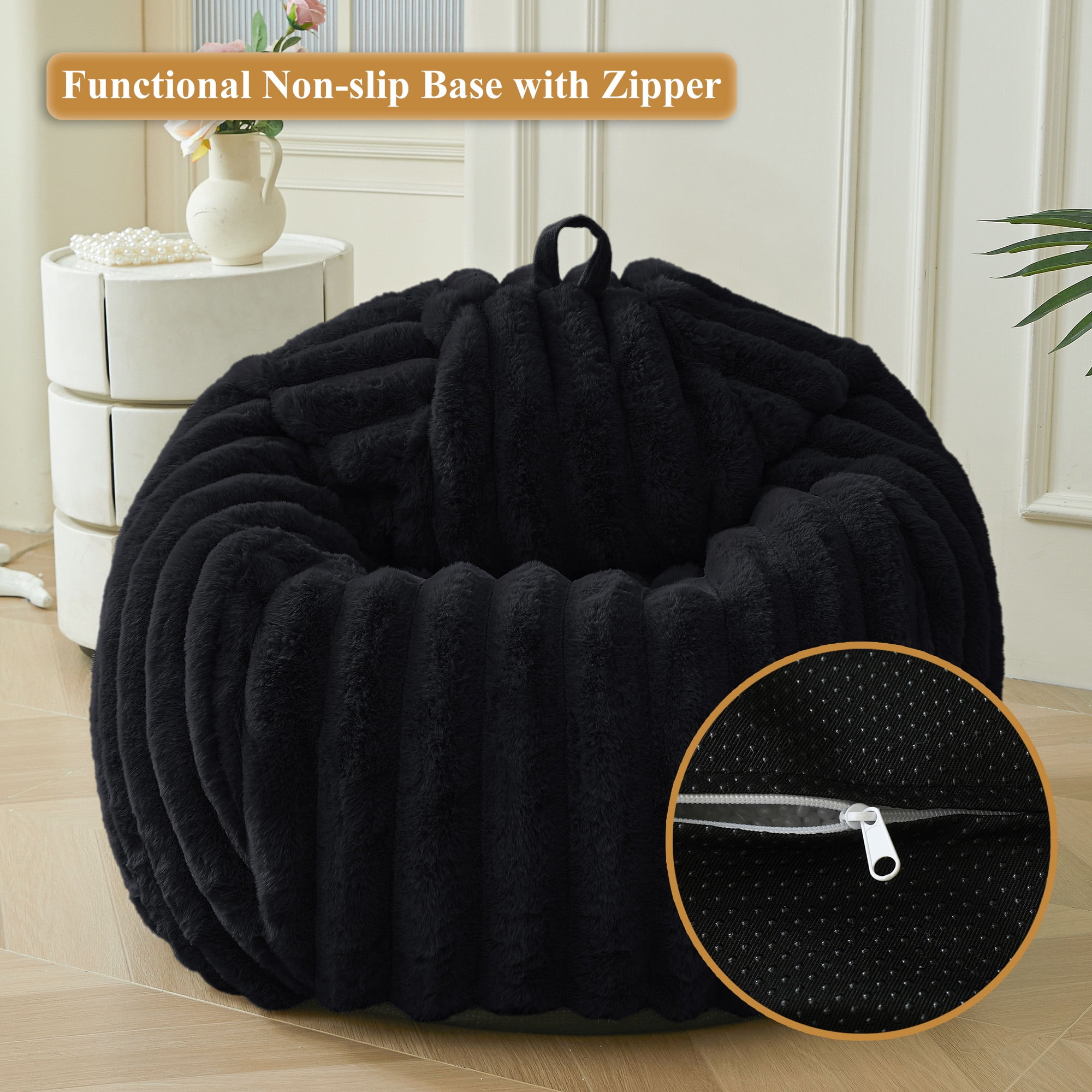 XeGe Fluffy Faux Rabbit Fur Bean Bag Chair Cover(No Filler), Luxury Plush Fuzzy Striped Stuffed Animal Storage Beanbag, 3FT Large Furry Ribbed Floor Lounger for Bedroom Living Room, Anti-slip, Black