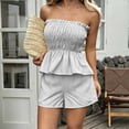 thumbnail image 6 of Dianli Gifts Fashion Women Ruffled Stripe Print Tube Top and Shorts Casual Two Piece Set, Trendy Sleeveless Pullover with Elastic Waist, Stylish Comfy Summer Lounge or Party Outfit Pink M, 6 of 7