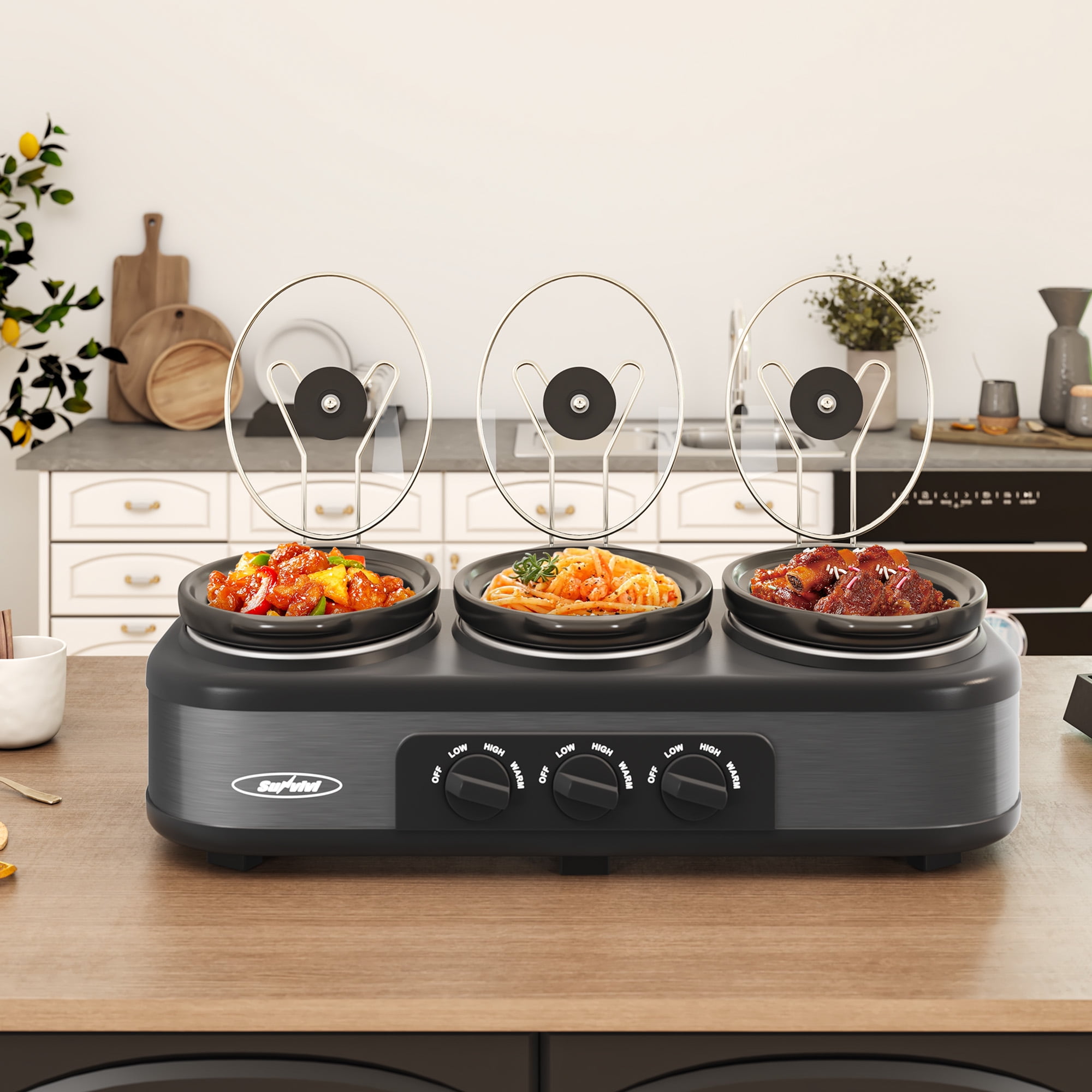 Sunvivi Triple Slow Cooker with 3 Spoons, Total 4.5 Quart, Stainless Steel
