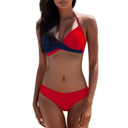 Womens 2 Piece Swimsuits Color Clashing Bra Beachwear Push Up Padded Bikini Set Red Womens Bathing Suits XXL