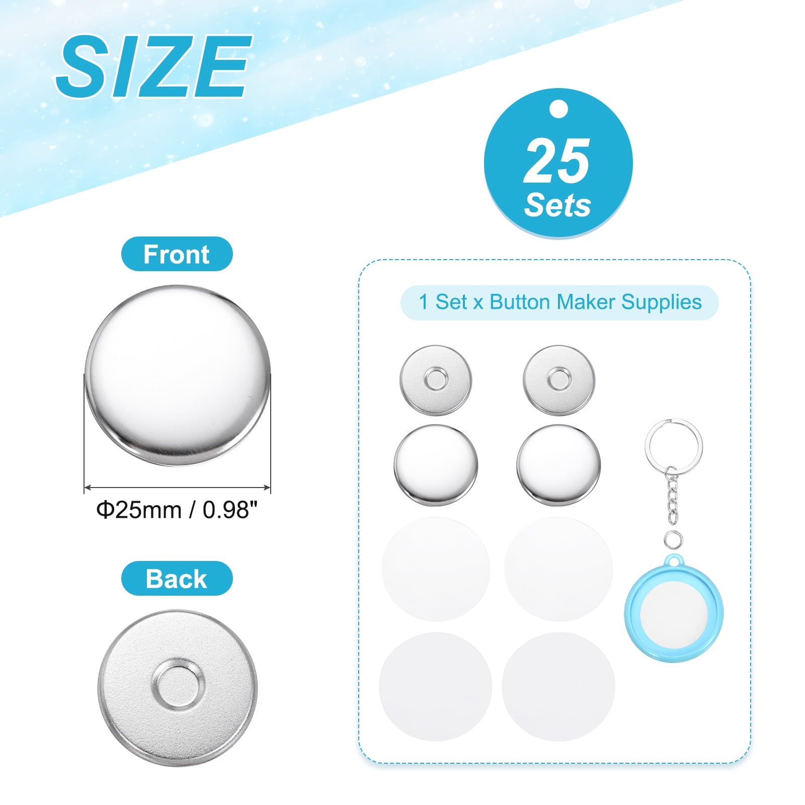 Uxcell 25 Sets Button Maker Supplies 25mm / 0.98 Inch Blank Badge Button Parts Badge Parts with Blank Paper for Hand Press Crafts Making Double-Sided Keychain, Blue
