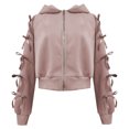 thumbnail image 6 of Zip Up Hoodie Women with Ribbon Bows Cropped Varsity Jacket Fall Cute Outerwear, 6 of 6