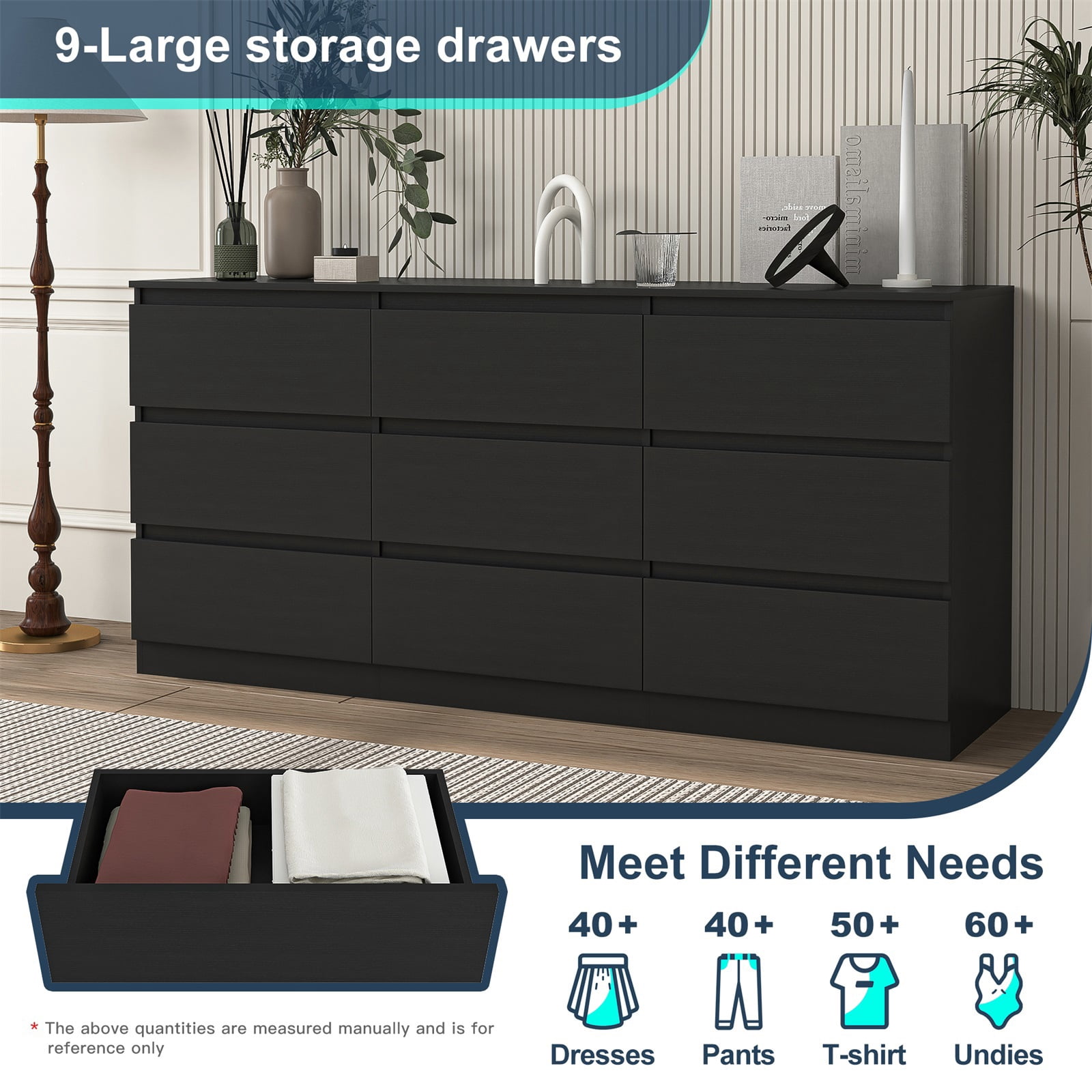 Hommoo Black 9 Drawer Dresser, Wood Modern Storage Cabinet Dresser Organizer, Chest of Drawers for Living Room, Closet, Hallway, Nursery
