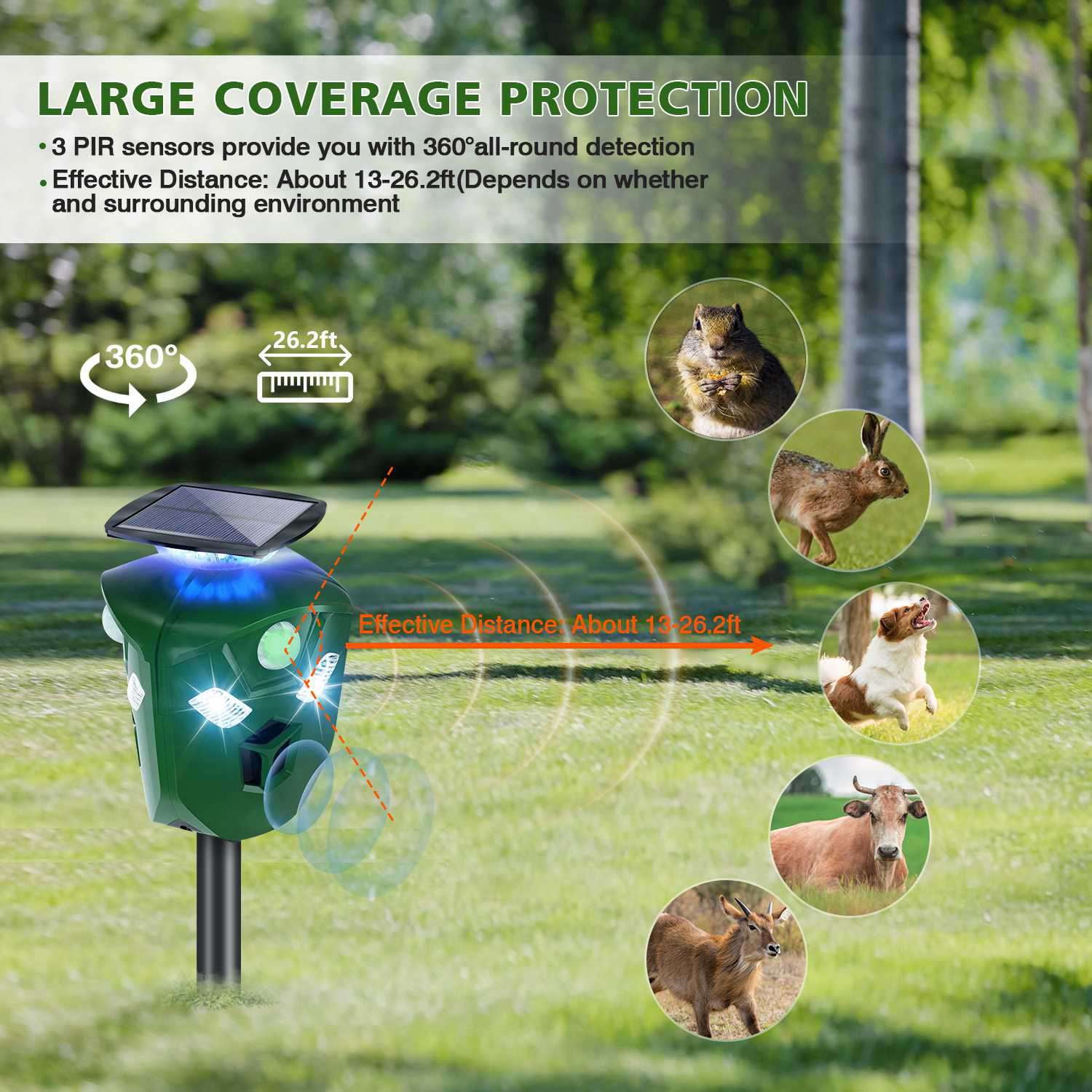 Solar Powered Ultrasonic Animal Repeller Waterproof Outdoor, iMounTEK 360° Ultrasonic Animal Repeller with Motion Sensor LED Flashing Lights, Pest Dog & Cat Repellent, for Farm Garden Yard