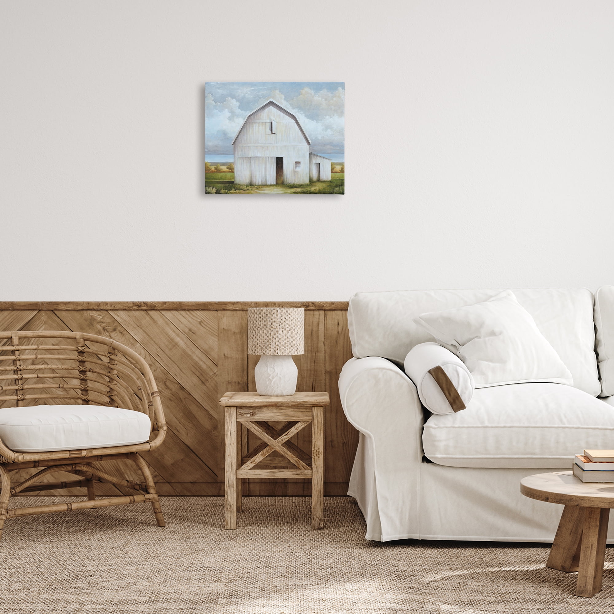 Stupell Industries White Barn with Clouds Landscape Painting Gallery Wrapped Canvas Art Print Wall Art, 20 x 16