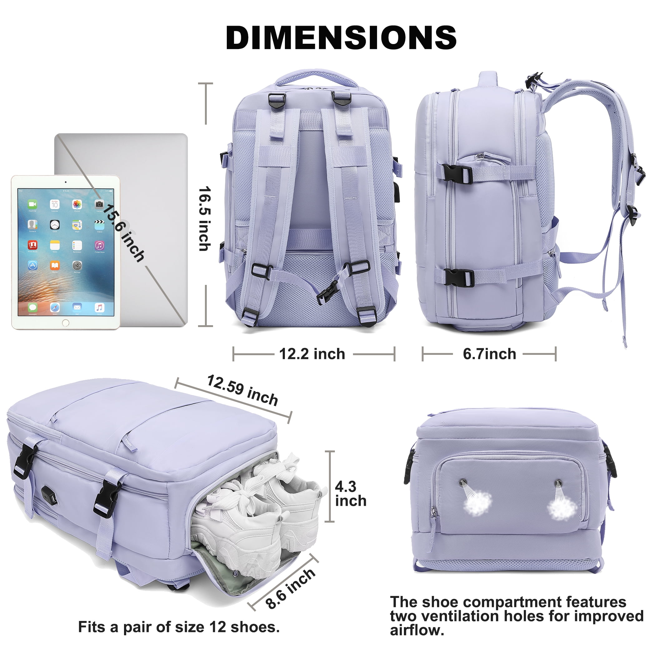 Large Travel Backpack for Women , Carry on Backpack for Outdoor Sports , Waterproof Laptop Bag with USB Port , College Backpack Flight Approved, Purple