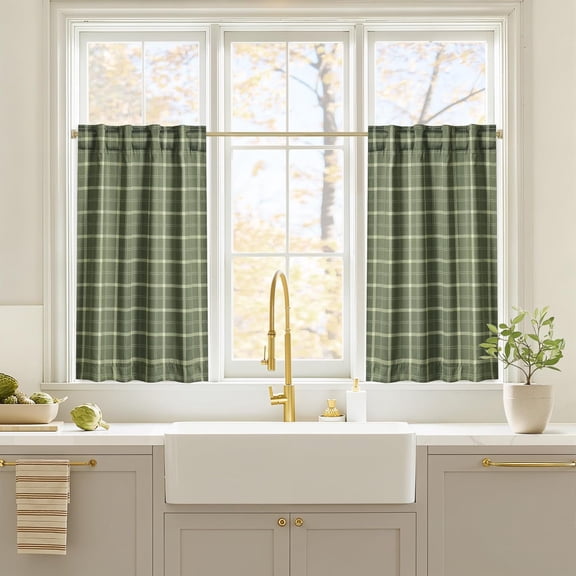 NICETOWN Olive Green Farmhouse Gingham Tiers Kitchen 100% Blackout Curtains 36 Inches Long, Buffalo Plaid Check Half Window Cafe Curtains for Kitchen Bathroom, 26" x 36", Set of 2