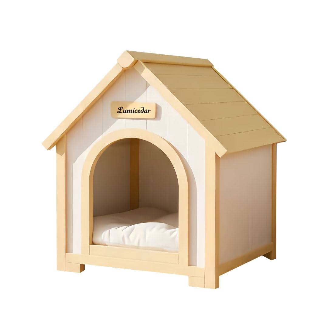 S-HOME FSC Solid Cedar Pet House - Cream Yellow Cabin Style Shelter for Small Dogs and Cats, Comfortable Haven