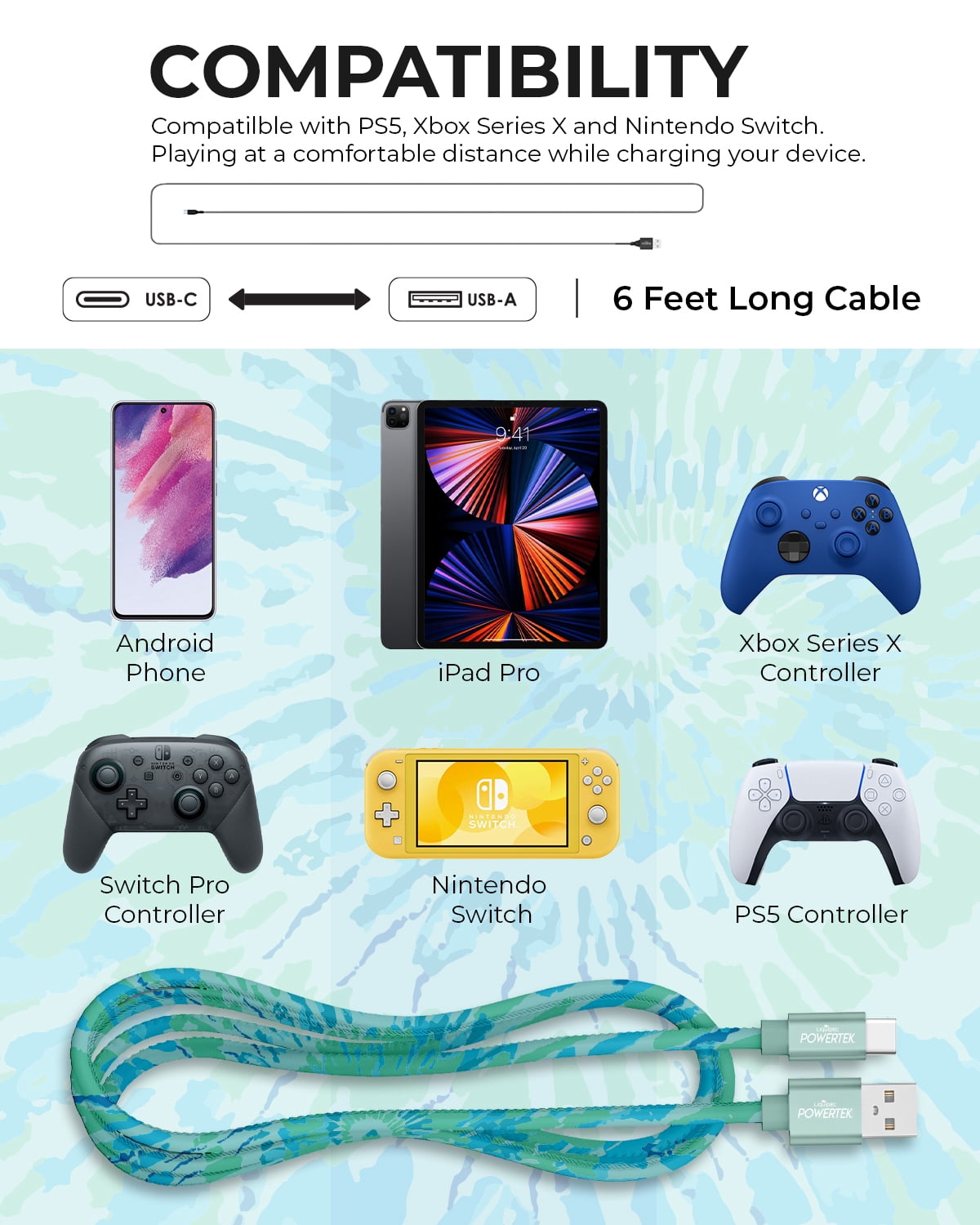 Liquipel Powertek Type-C Fast Charger Cable, 6ft USB-C for Galaxy, Note, Tab, MacBook, Tie Dye