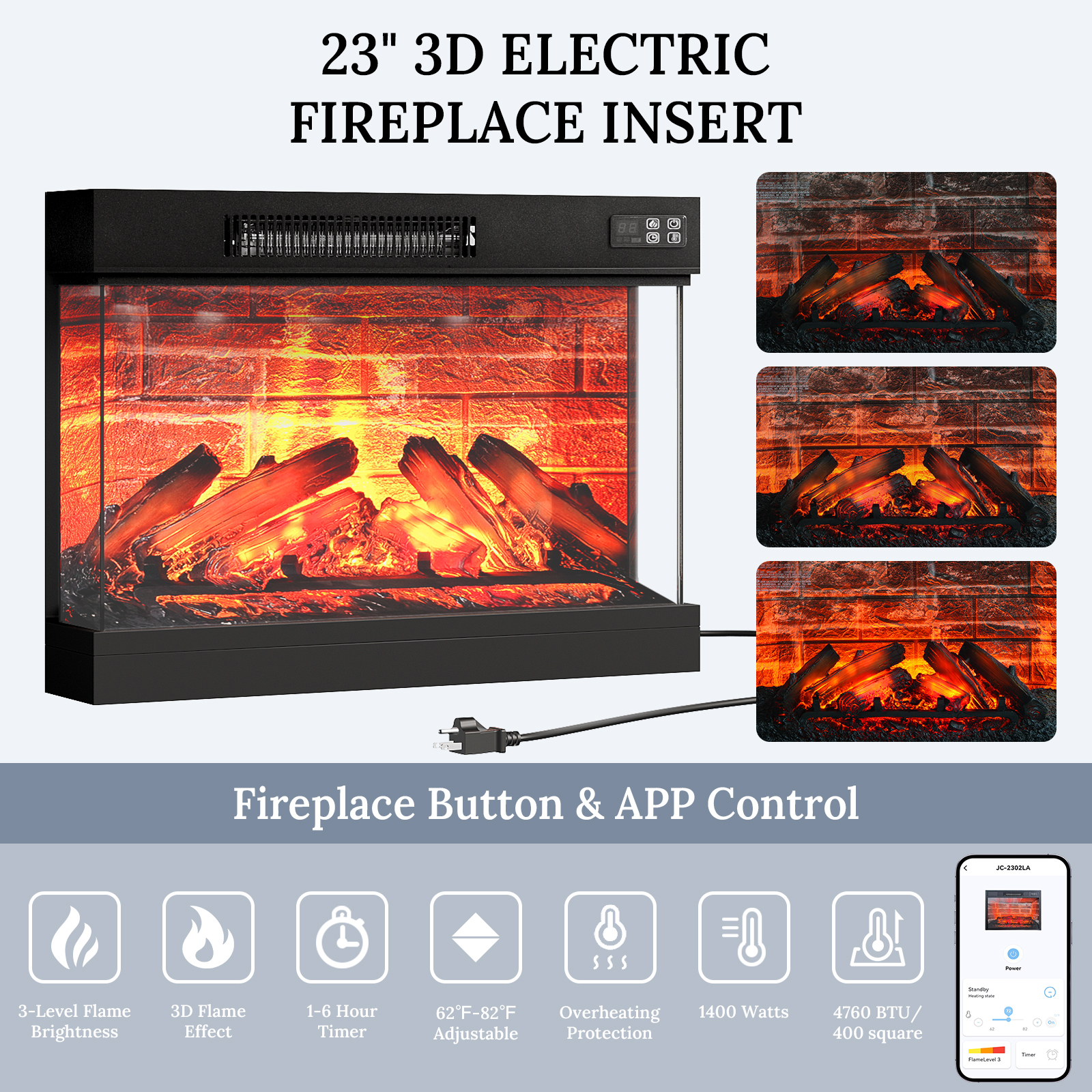 Holliwill 72" Fireplace TV Stand with 3-Sided Glass, White Brown photo 3