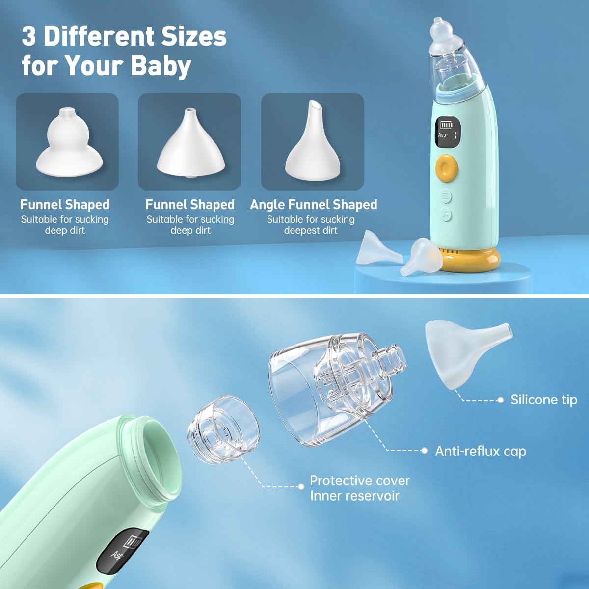 Cshidworld Nasal Aspirator for Baby, Electric Nose Aspirator for Toddlers, Waterproof Baby Nose Sucker with 3 Silicone Tips, 3 Adjustable Suction Level, Music and Light Soothing Function,Green