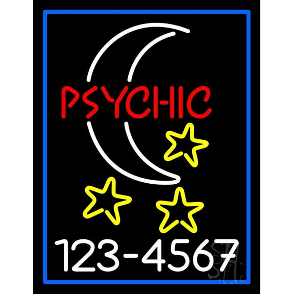 Red Psychic White Logo Phone Number Blue Border LED Neon Sign 19" Tall x 15" Wide - inches Black Square Cut Acrylic Backing, with Dimmer - Bright and Premium built indoor LED Neon Sign for Storefront.