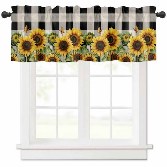 Hokiten Rod Pocket Curtain Valance, Sunflower Checkered Farmhouse Window Valance for Living Room, Bedroom, Kitchen Black Buffalo Plaid Pastoral Flowers 42"W x 18"L