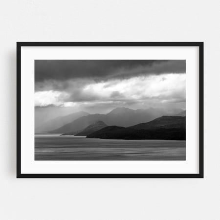 In a row - San Carlos de Bariloche Río Negro Province Argentina Photography Black and White Landscape Mountain Nature Scenic Coast Water Black Framed Wall Art Print 24 x 36 inches