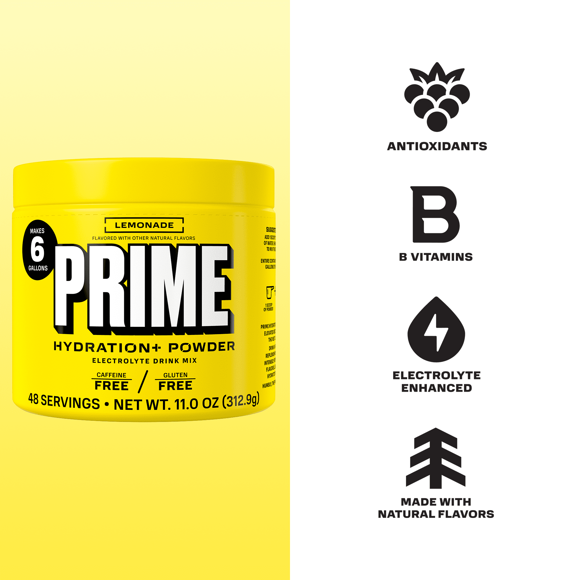 PRIME Hydration+ Lemonade Electrolyte Powder, Sugar Free, 6 Gallon Tub