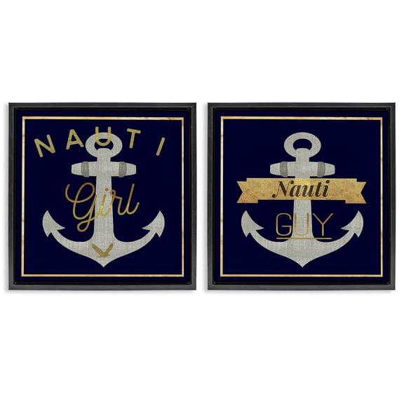 Stupell Industries Nauti Girl & Guy Anchors Nautical & Beach Painting Black Floater Framed Canvas Art Print Wall Art, 18 x 18, Set of 2