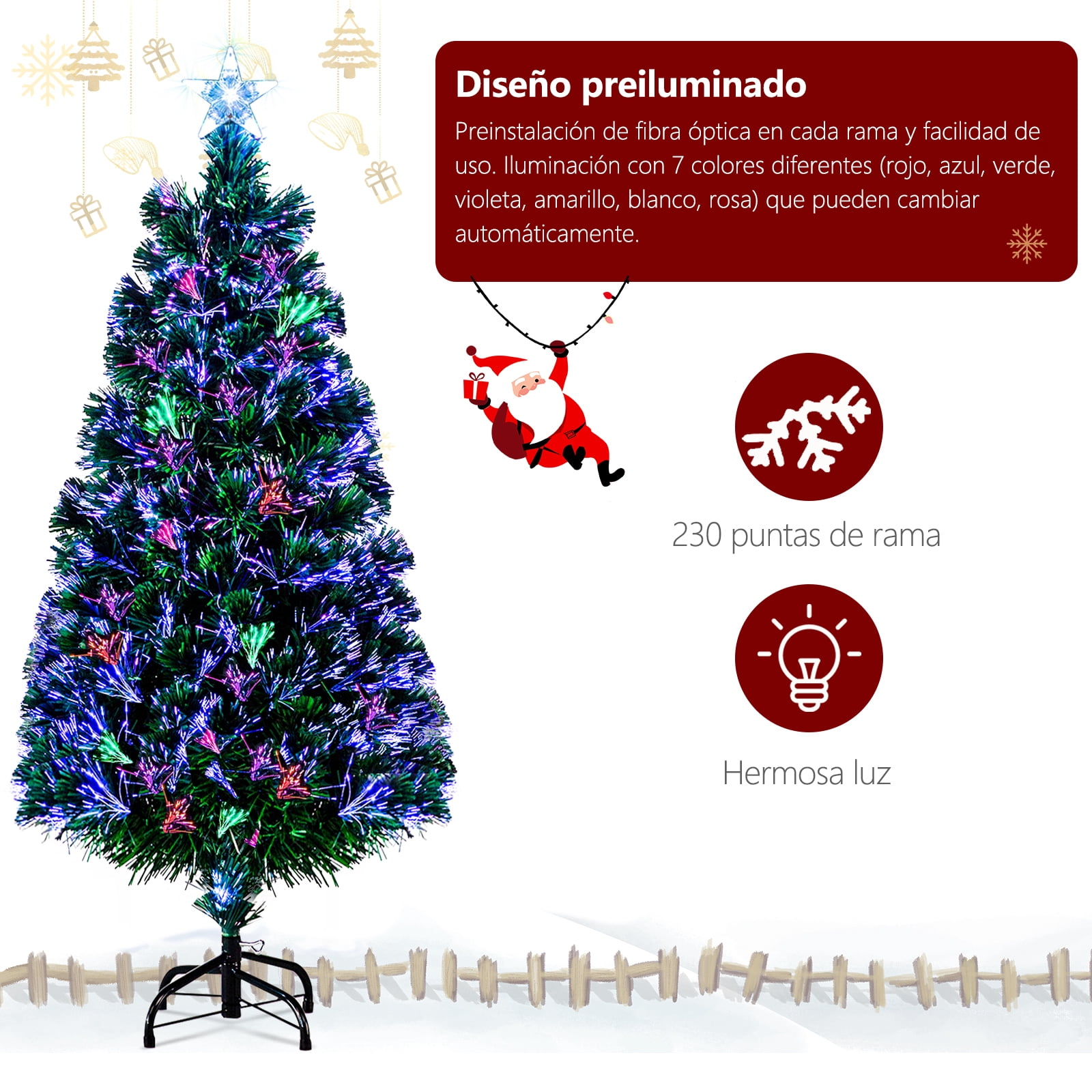 6ft Top With Stars PVC Material Fiber Optics 230 Branches Christmas Tree, Green