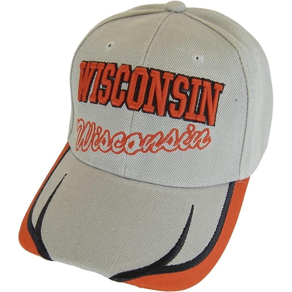 Wisconsin Block and Script Lettering Baseball Cap with Embroidered Bill (Gray/Red)